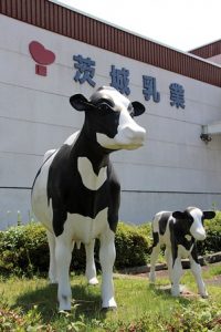 茨城乳業社屋と前に立つ牛の像