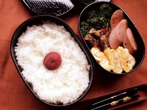 2段のお弁当。左側は真ん中に梅干し、右側にはおかずが。